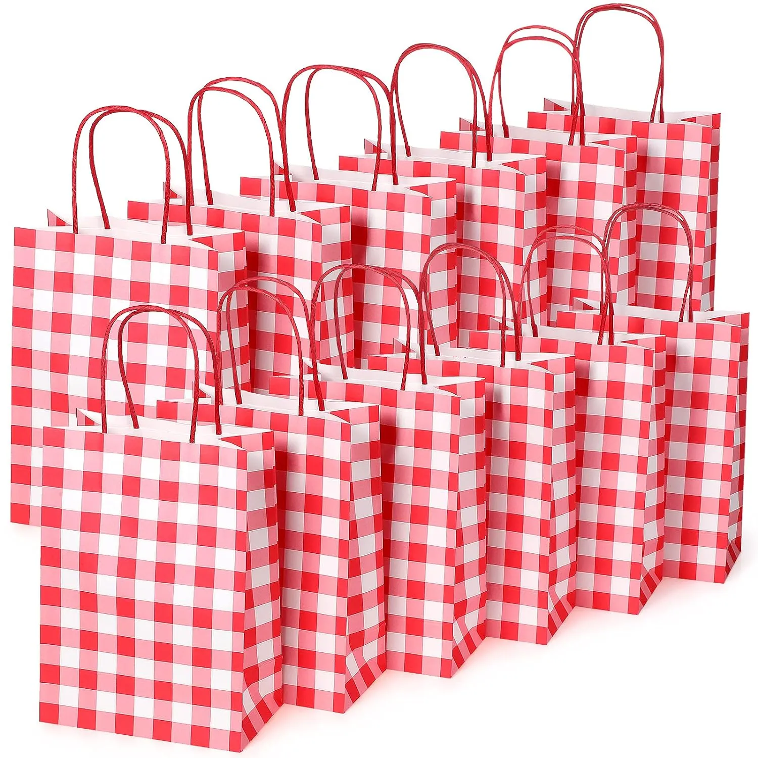 Chinco 30 Pieces Gingham Gift Bags Kraft Paper Christmas Buffalo Plaid Present Party Favor Bags with Handle for Christmas Birthday Party Supplies, 5.91 x 8.27 x 3.15 Inch(Red White)