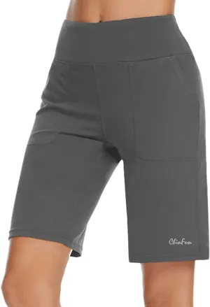 ChinFun Women's 10" High Waist Yoga Shorts Bermuda Shorts Athletic RunningWorkout Lounge Shorts with Deep Pockets