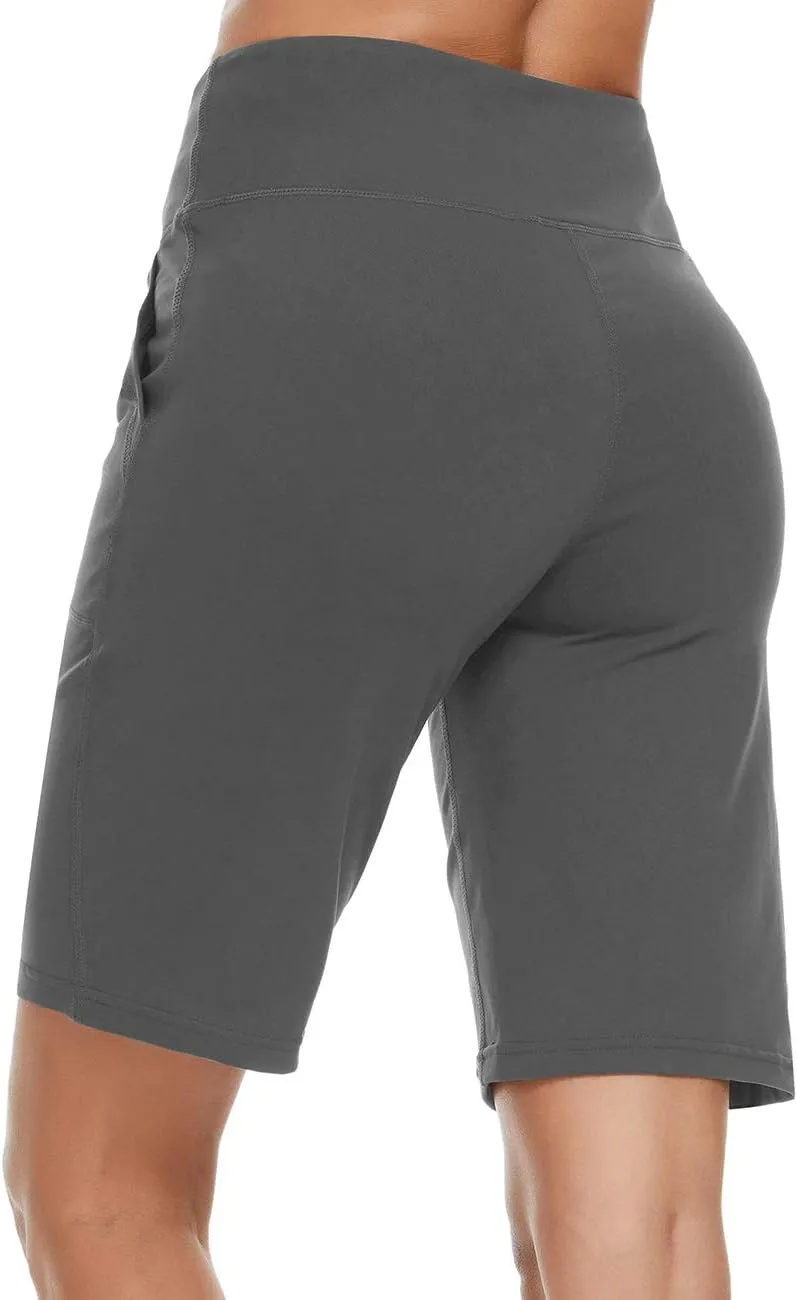 ChinFun Women's 10" High Waist Yoga Shorts Bermuda Shorts Athletic RunningWorkout Lounge Shorts with Deep Pockets