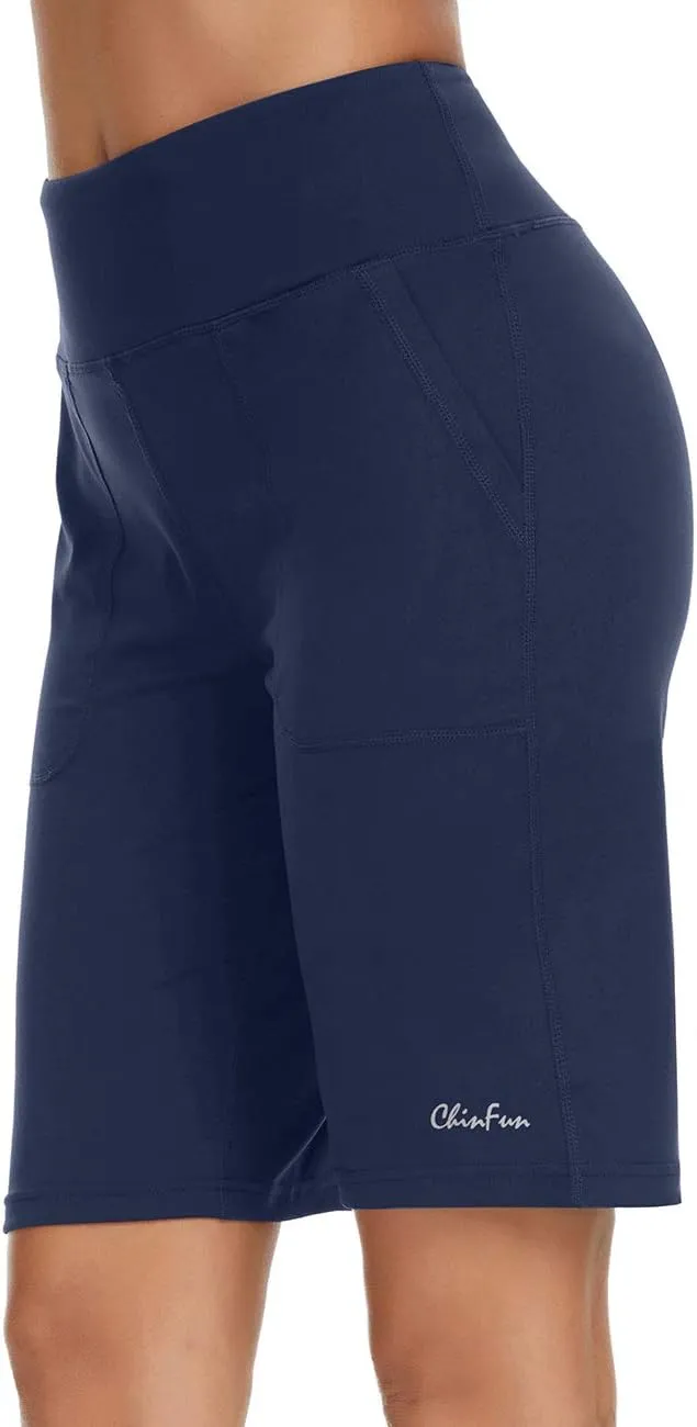 ChinFun Women's 10" High Waist Yoga Shorts Bermuda Shorts Athletic RunningWorkout Lounge Shorts with Deep Pockets