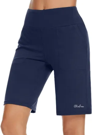 ChinFun Women's 10" High Waist Yoga Shorts Bermuda Shorts Athletic RunningWorkout Lounge Shorts with Deep Pockets