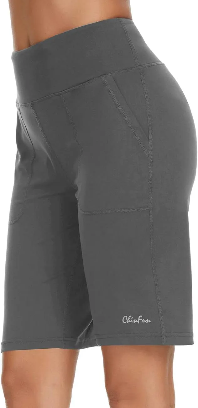 ChinFun Women's 10" High Waist Yoga Shorts Bermuda Shorts Athletic RunningWorkout Lounge Shorts with Deep Pockets