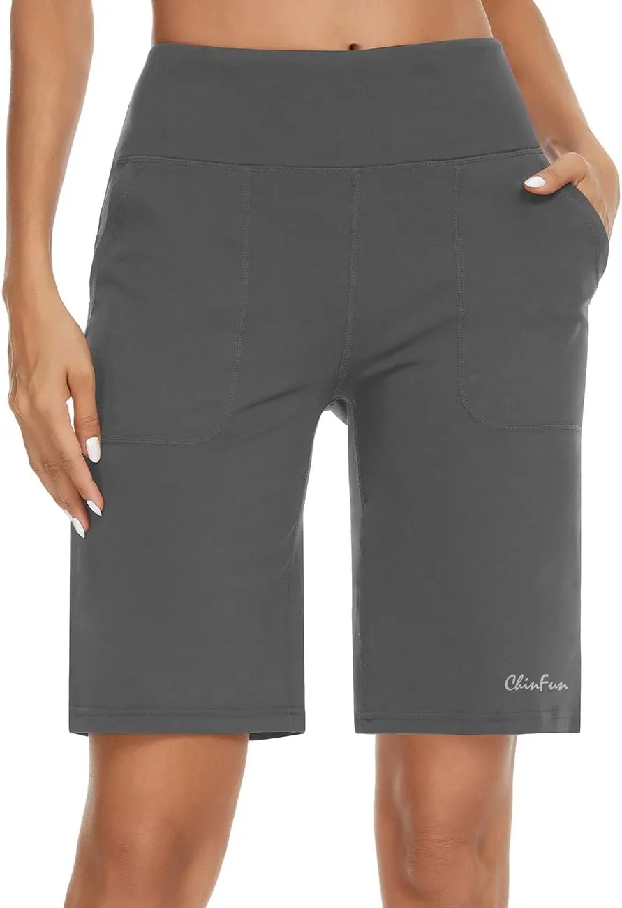 ChinFun Women's 10" High Waist Yoga Shorts Bermuda Shorts Athletic RunningWorkout Lounge Shorts with Deep Pockets