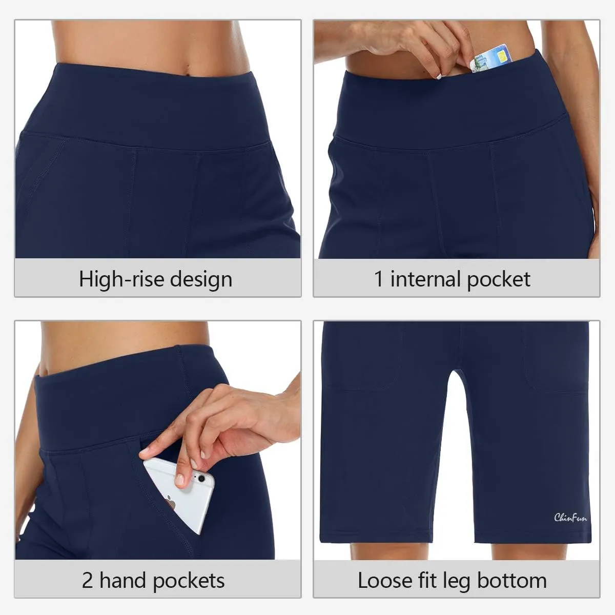 ChinFun Women's 10" High Waist Yoga Shorts Bermuda Shorts Athletic RunningWorkout Lounge Shorts with Deep Pockets