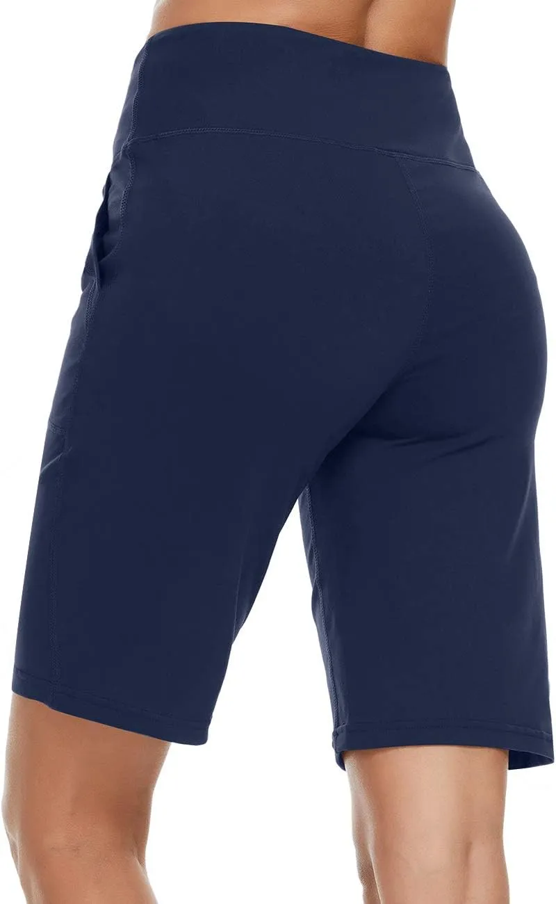 ChinFun Women's 10" High Waist Yoga Shorts Bermuda Shorts Athletic RunningWorkout Lounge Shorts with Deep Pockets