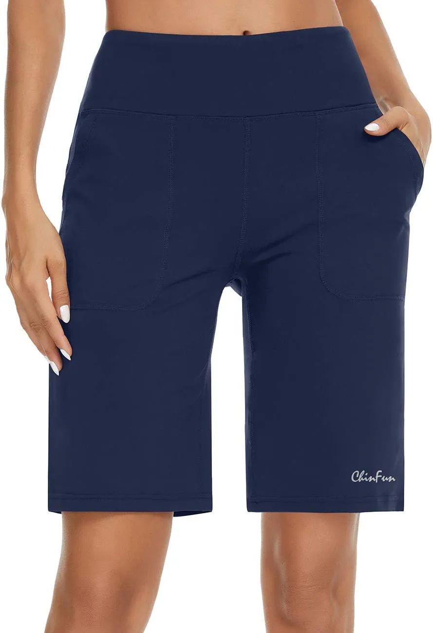ChinFun Women's 10" High Waist Yoga Shorts Bermuda Shorts Athletic RunningWorkout Lounge Shorts with Deep Pockets