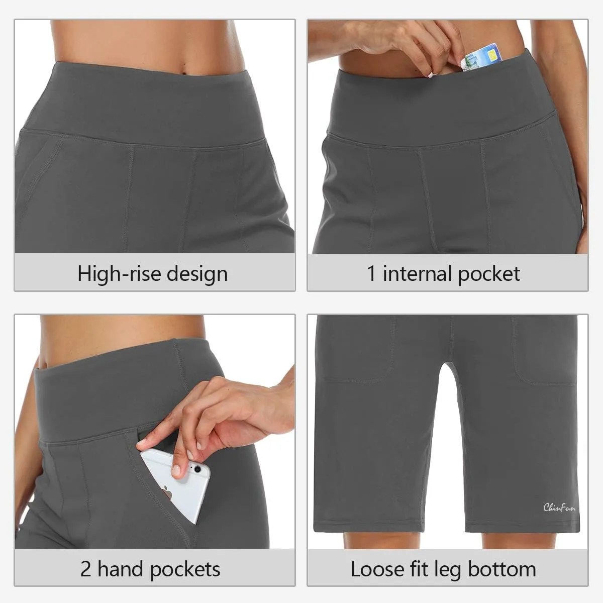 ChinFun Women's 10" High Waist Yoga Shorts Bermuda Shorts Athletic RunningWorkout Lounge Shorts with Deep Pockets