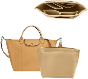 Chispee Felt Purse Organizer Insert Luxury Handbag Organizers for Longchamp Organizer Insert Divider Pocket & Zipper Inner Bag Liner fit Medium, Khaki