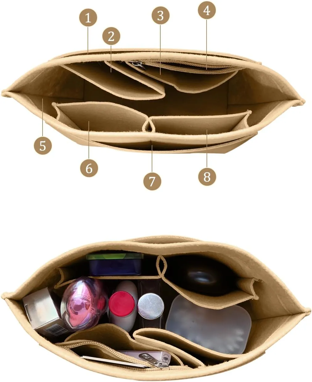 Chispee Felt Purse Organizer Insert Luxury Handbag Organizers for Longchamp Organizer Insert Divider Pocket & Zipper Inner Bag Liner fit Medium, Khaki