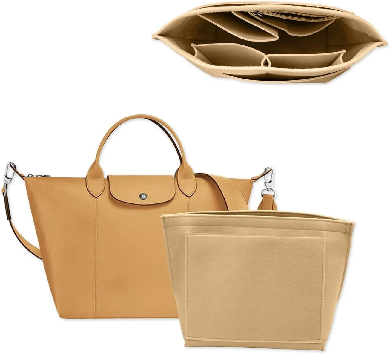 Chispee Felt Purse Organizer Insert Luxury Handbag Organizers for Longchamp Organizer Insert Divider Pocket & Zipper Inner Bag Liner fit Medium, Khaki