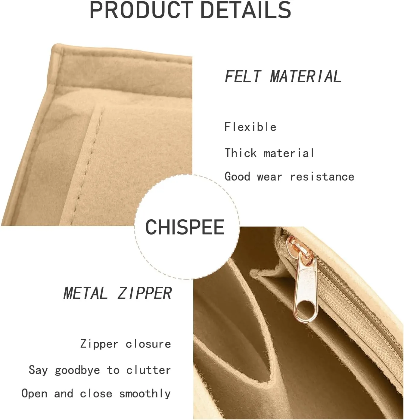 Chispee Felt Purse Organizer Insert Luxury Handbag Organizers for Longchamp Organizer Insert Divider Pocket & Zipper Inner Bag Liner fit Medium, Khaki
