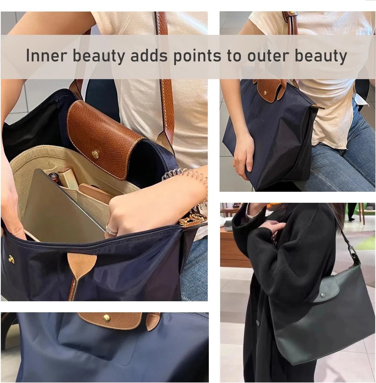 Chispee Handbag Organizers for Longchamp Felt Purse Divider Organizer Insert Pocket & Zipper Inner Bag Liner fit Large, Khaki