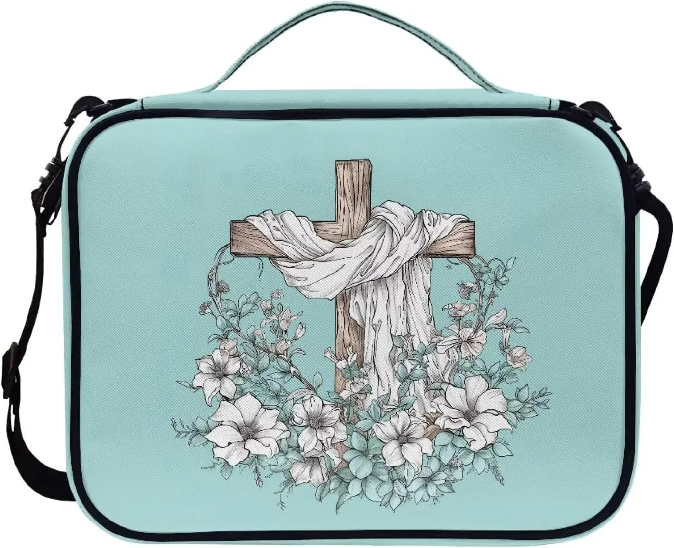 Christian Cross Floral Bible Cover-Polyester Bible Case for Women-Bible Bag Bible Carrier with Shoulder Strap Handle