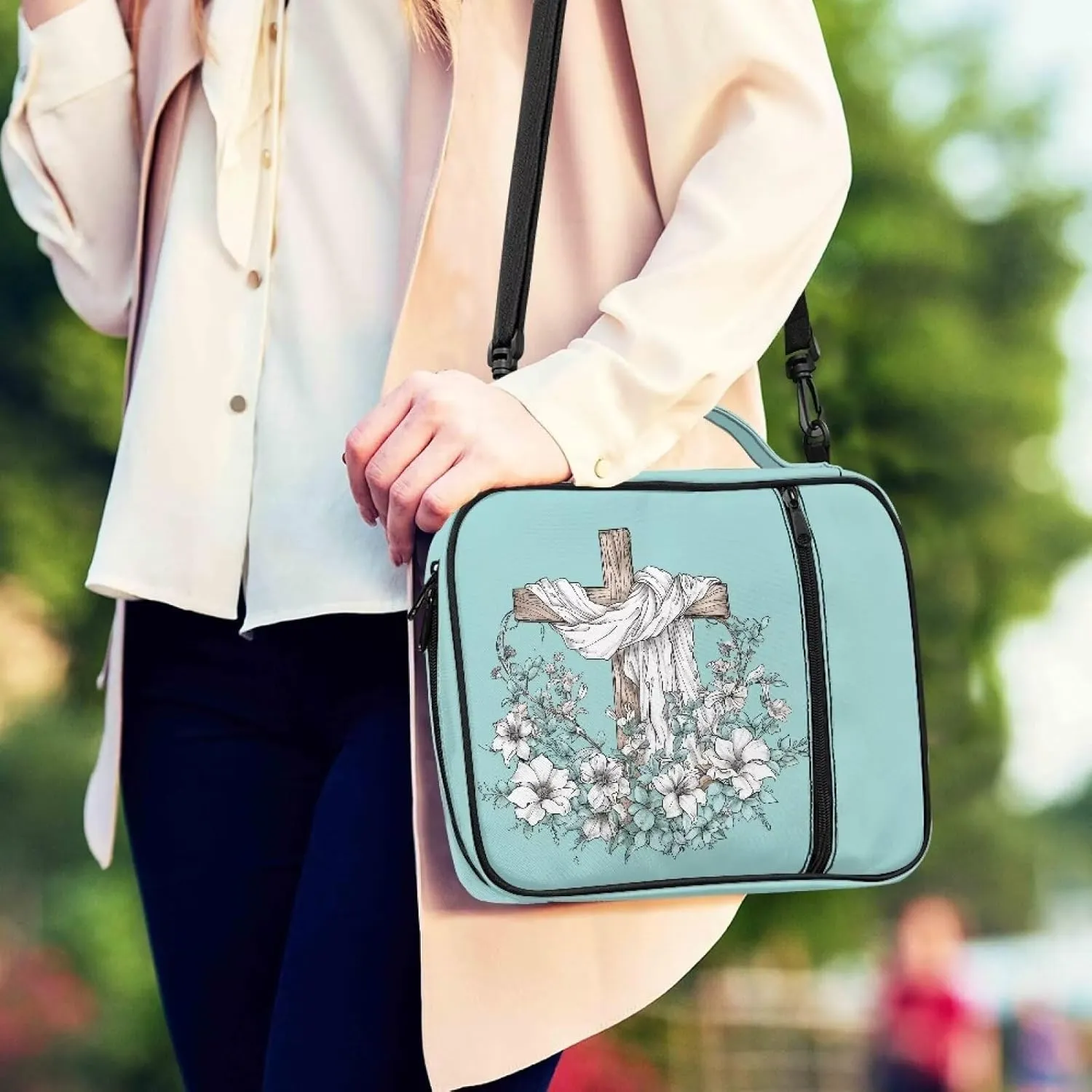 Christian Cross Floral Bible Cover-Polyester Bible Case for Women-Bible Bag Bible Carrier with Shoulder Strap Handle