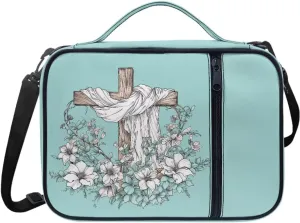 Christian Cross Floral Bible Cover-Polyester Bible Case for Women-Bible Bag Bible Carrier with Shoulder Strap Handle
