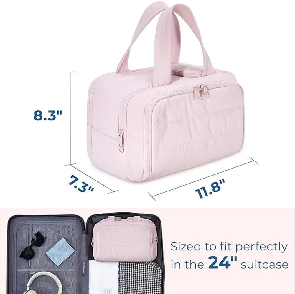 Circulatne Travel Cosmetic Bag, Circulatne Large Capacity Wide-Open Travel Cosmetic Bag, Waterproof Portable Pouch Open Flat Toiletry Bags for Women With Divider And Handle (Pink)