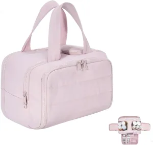 Circulatne Travel Cosmetic Bag, Circulatne Large Capacity Wide-Open Travel Cosmetic Bag, Waterproof Portable Pouch Open Flat Toiletry Bags for Women With Divider And Handle (Pink)