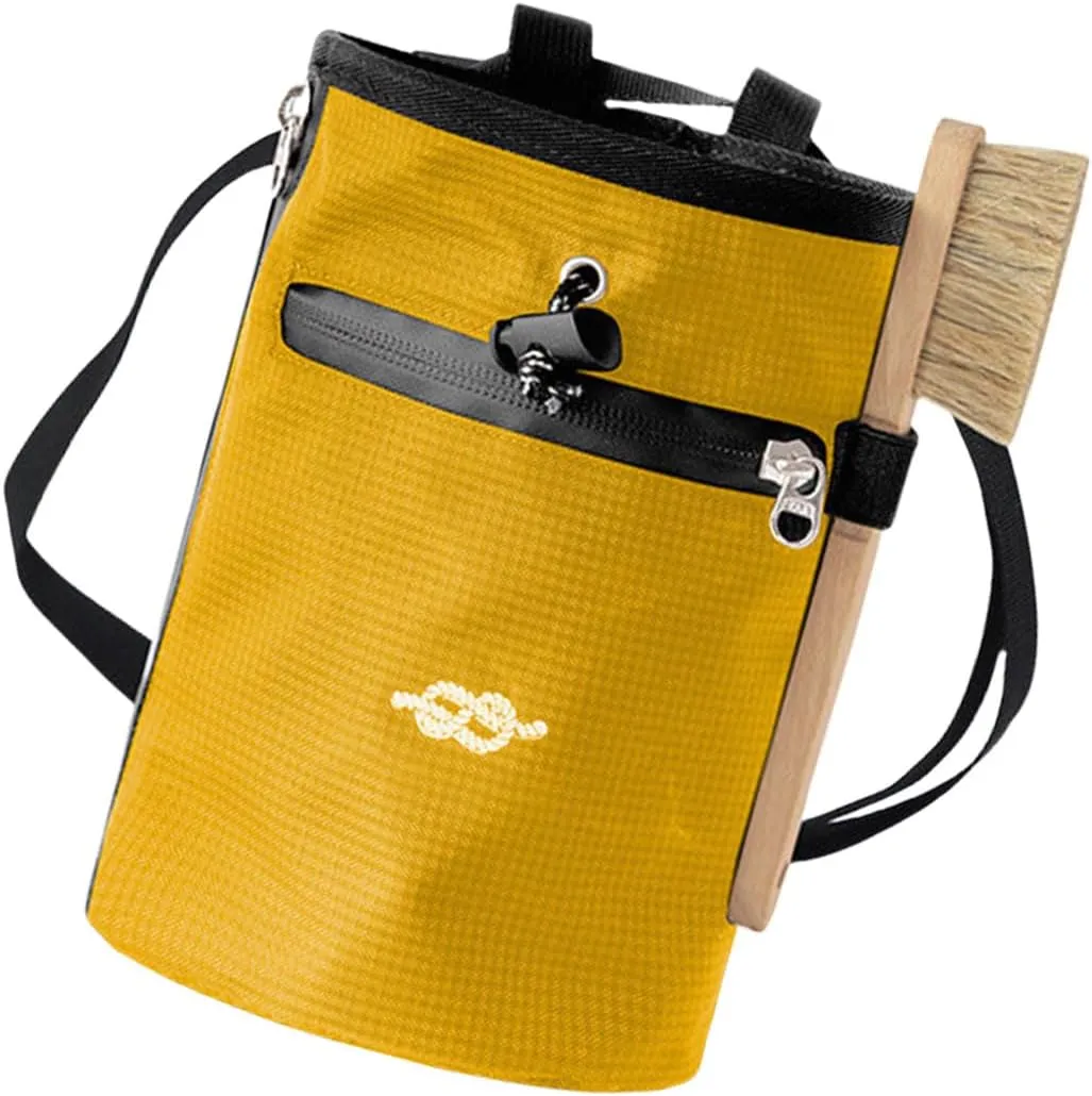 Climbing Chalk Bag with Chalk Brush Watertight Bouldering Chalk Bag Bucket Zippers Storage Pocket Drawstring Closure