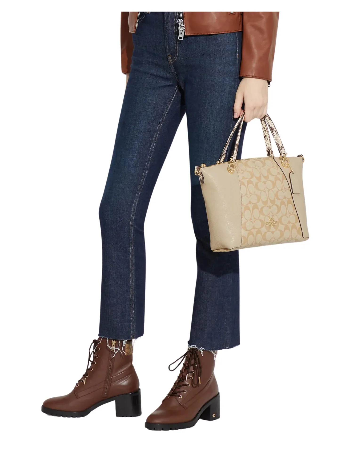 Coach Kacey Satchel in Signature Canvas with Snake Embossed Light Khaki/Ivory Multi