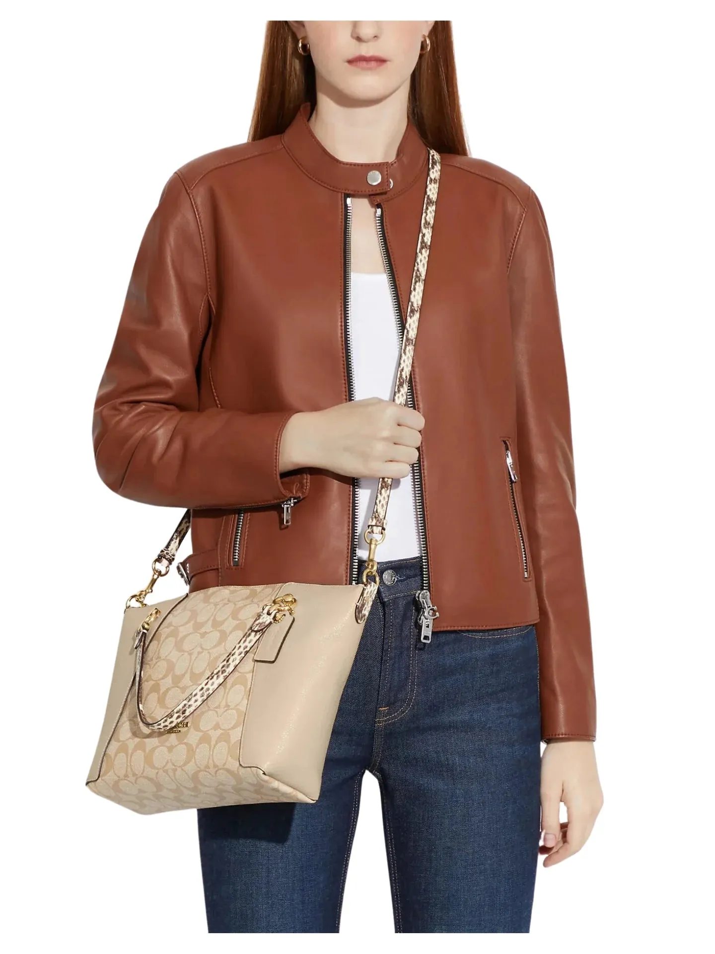 Coach Kacey Satchel in Signature Canvas with Snake Embossed Light Khaki/Ivory Multi