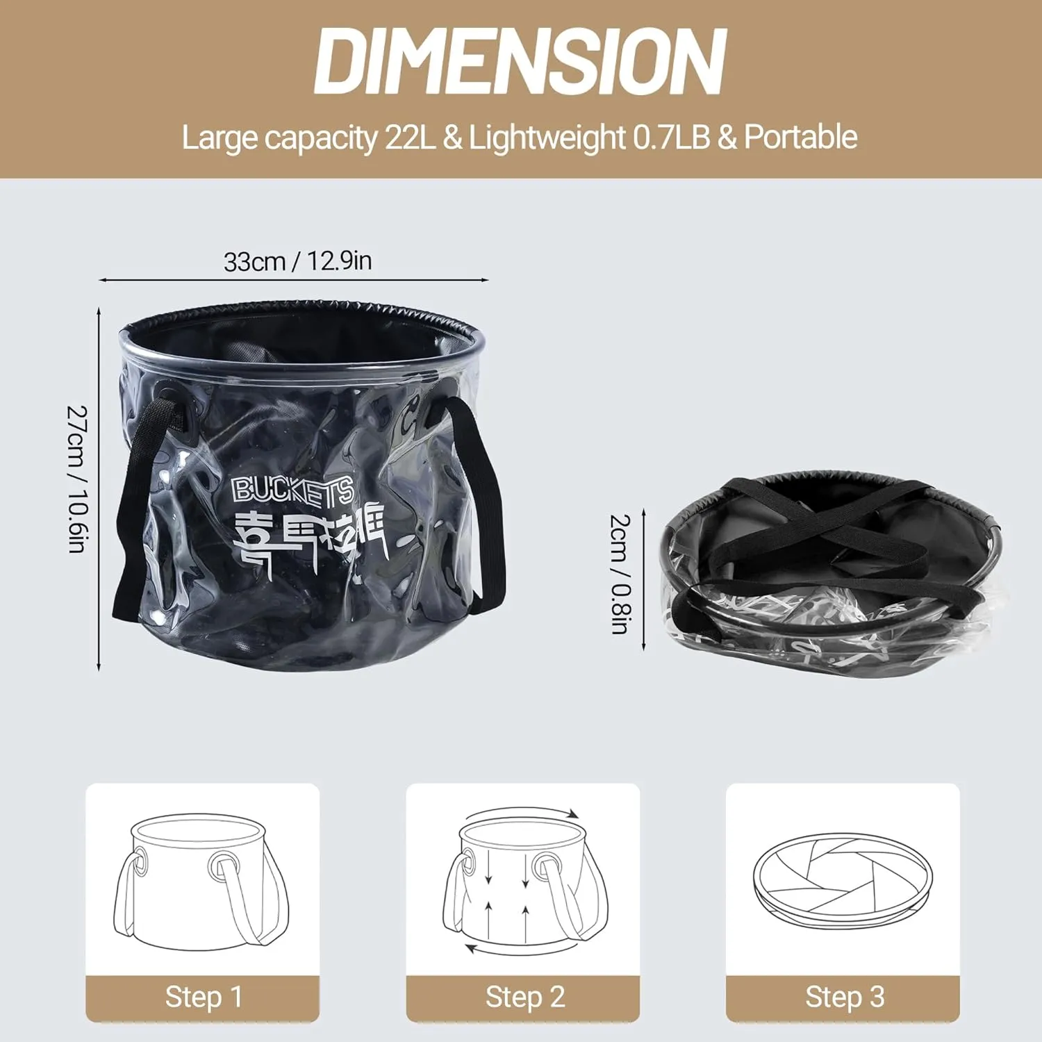 Collapsible Bucket, 22L Folding Bucket Wash Basin Bags with Handle, Khaki Transparent Portable Water Container 5.8 Gallon Camping Fishing Hiking Gardening (Black)