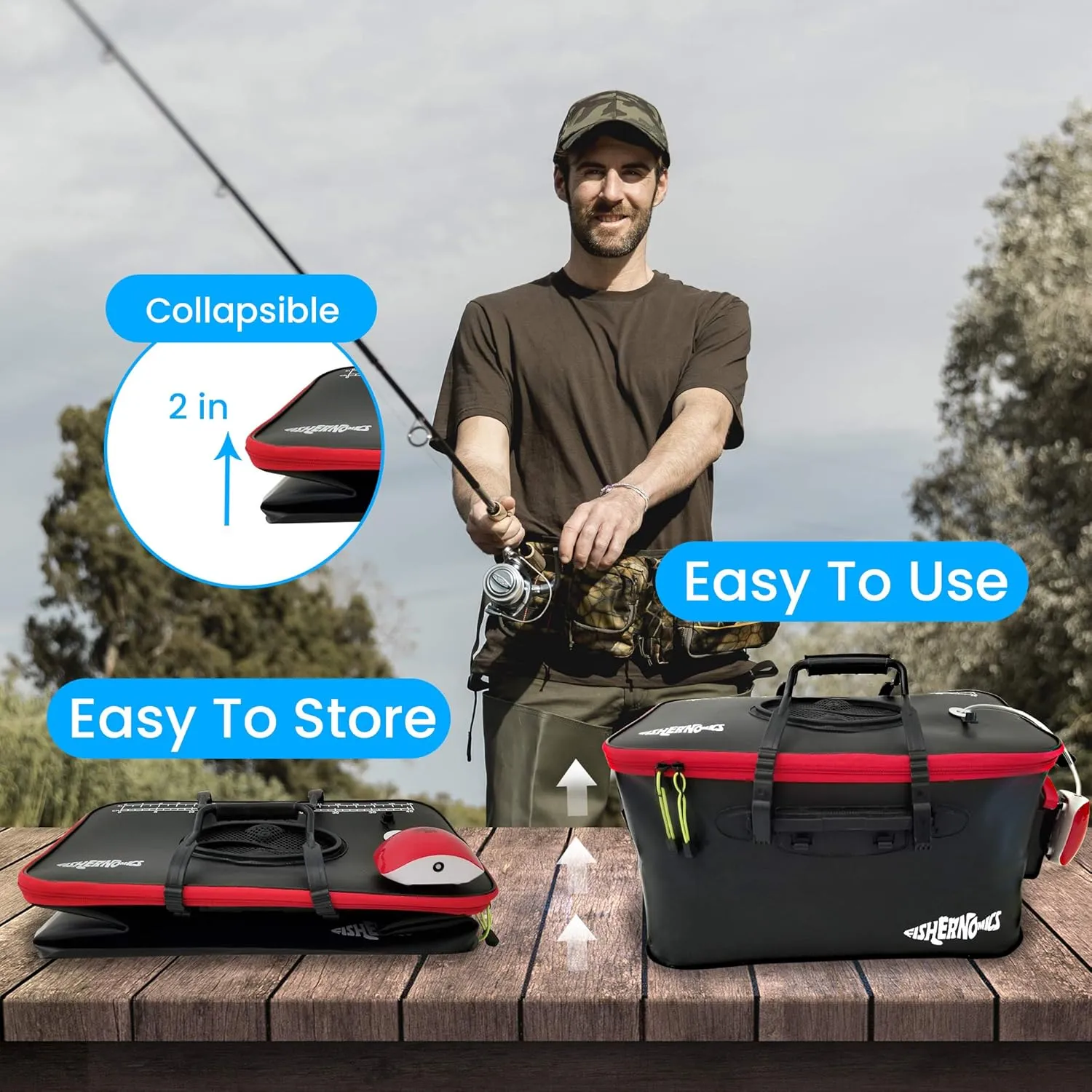Collapsible Fishing Bucket with Air Pump - Live Bait Bucket with Aerator (6 Gallon/10 Gallon) - Leak Proof with Side Pocket & Shoulder Strap | Durable & Sturdy (BLK/RD R23 Pump, Medium)