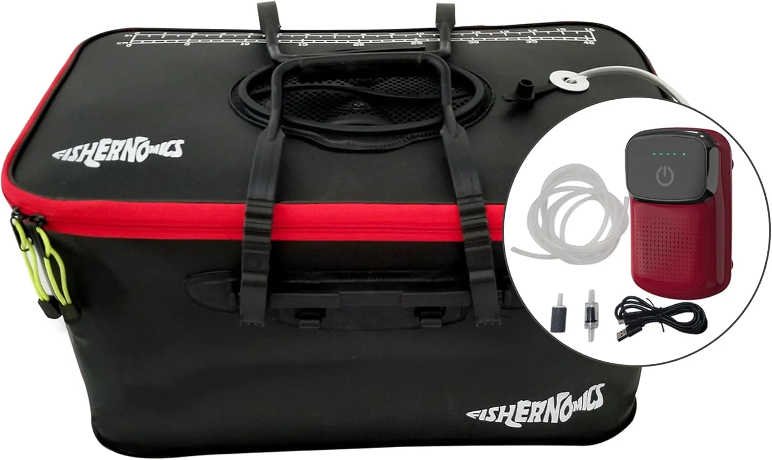 Collapsible Fishing Bucket with Air Pump - Live Bait Bucket with Aerator (6 Gallon/10 Gallon) - Leak Proof with Side Pocket & Shoulder Strap | Durable & Sturdy (BLK/RD R23 Pump, Medium)