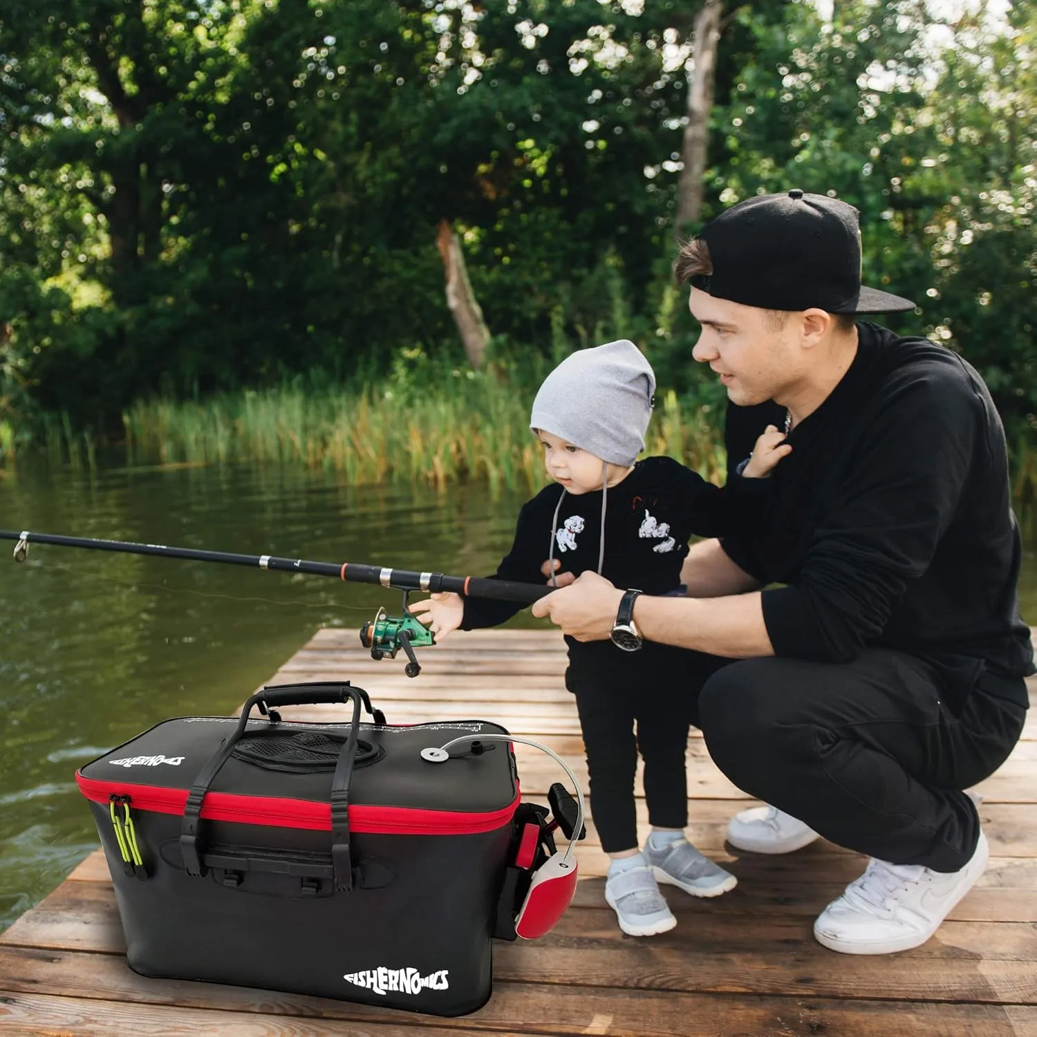 Collapsible Fishing Bucket with Air Pump - Live Bait Bucket with Aerator (6 Gallon/10 Gallon) - Leak Proof with Side Pocket & Shoulder Strap | Durable & Sturdy (BLK/RD R23 Pump, Medium)