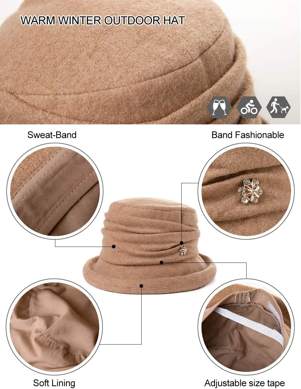 Comhats Winter Cloche Bucket Hat for Women Wool Elegant Dress 1920s Vintage Fedora