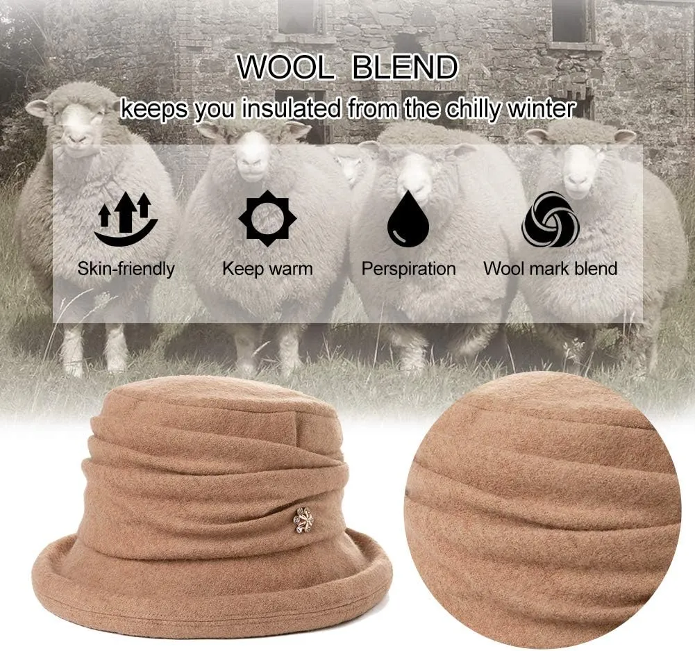 Comhats Winter Cloche Bucket Hat for Women Wool Elegant Dress 1920s Vintage Fedora