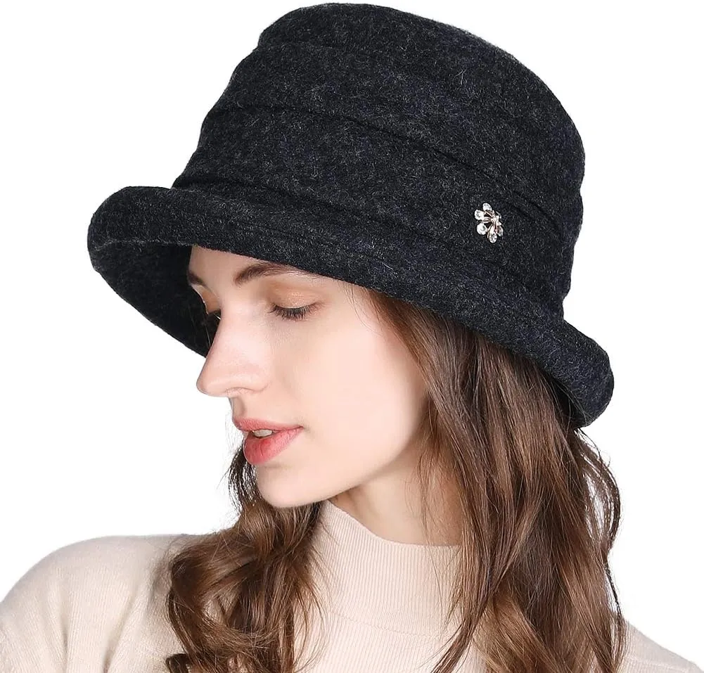 Comhats Winter Cloche Bucket Hat for Women Wool Elegant Dress 1920s Vintage Fedora