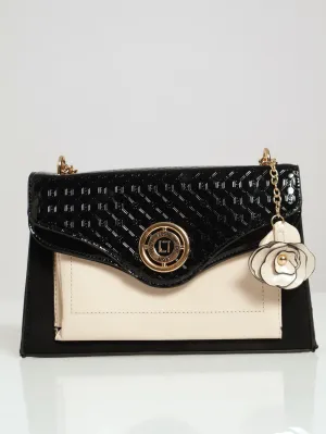 Contrast Embossed Monogram Satchel Bag - Black/Cream