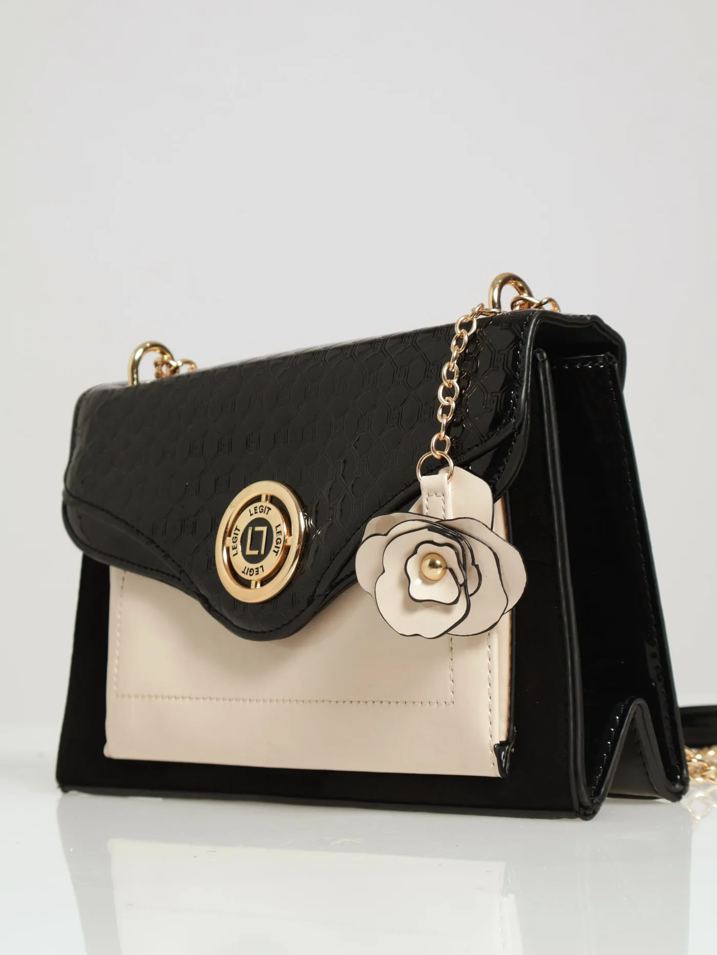 Contrast Embossed Monogram Satchel Bag - Black/Cream