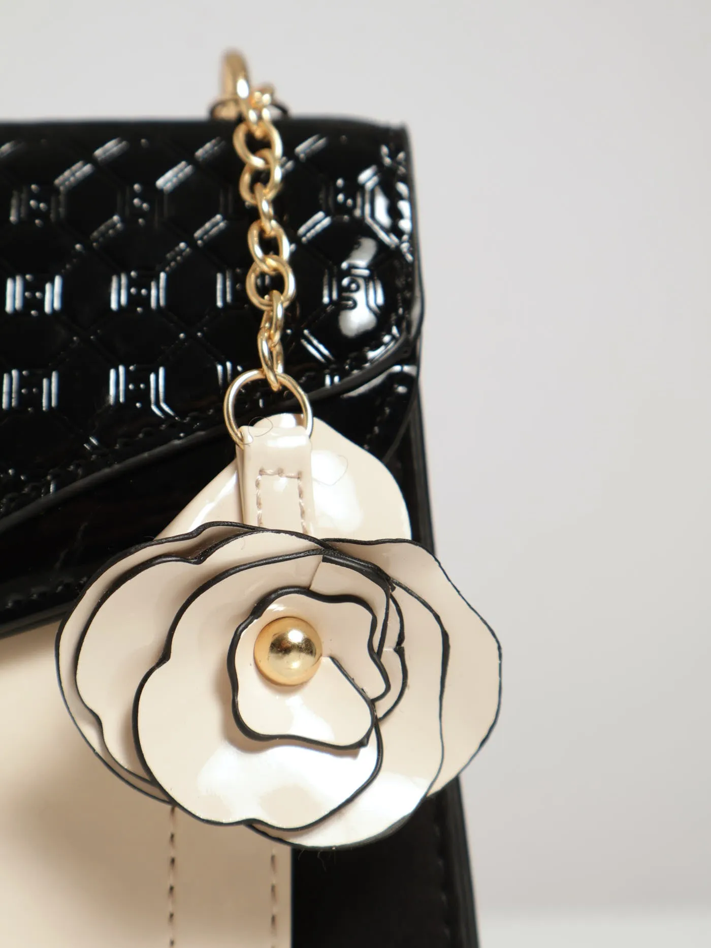 Contrast Embossed Monogram Satchel Bag - Black/Cream