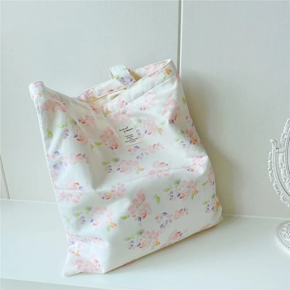 Cotton Canvas Tote Bag Reusable Soft Grocery Cloth Bag Floral Shoulder Bag for Beach Travel Shopping