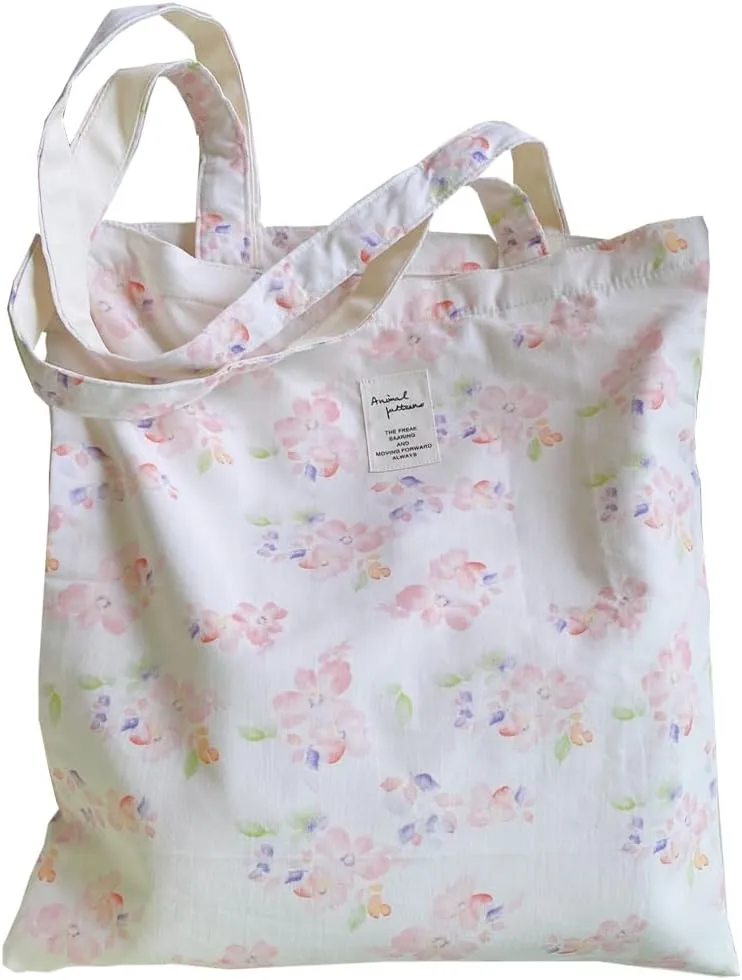 Cotton Canvas Tote Bag Reusable Soft Grocery Cloth Bag Floral Shoulder Bag for Beach Travel Shopping