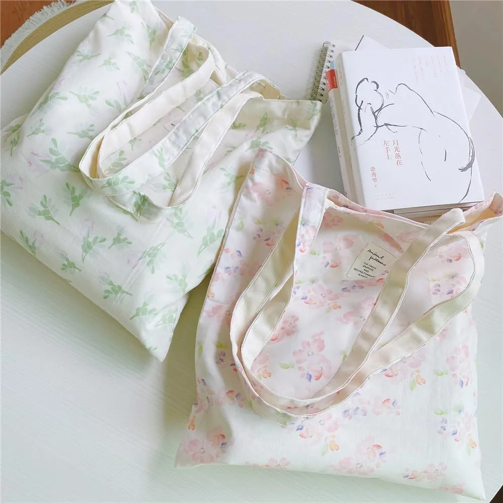 Cotton Canvas Tote Bag Reusable Soft Grocery Cloth Bag Floral Shoulder Bag for Beach Travel Shopping