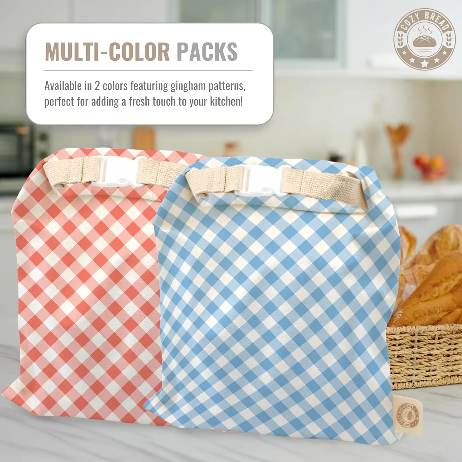 Cozy Bread® Reusable Bread Bag Set for Home Bakers | USA Brand | Charming Designs (Gingham)