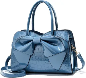 Crocodile Embossed Tote Bag, Bow Design Top Handle, Zipper Closure, Evening Party Crossbody Purse