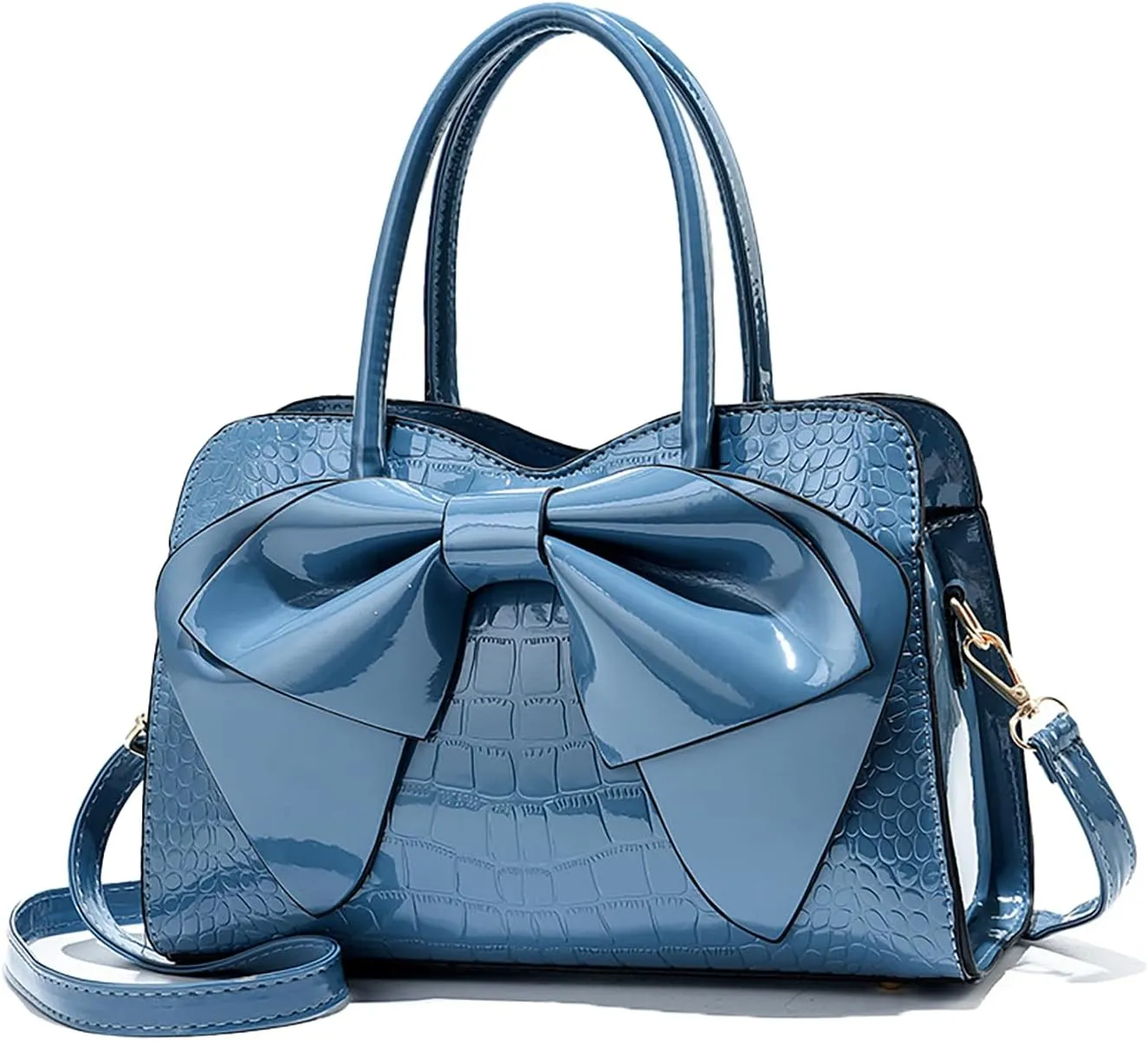 Crocodile Embossed Tote Bag, Bow Design Top Handle, Zipper Closure, Evening Party Crossbody Purse