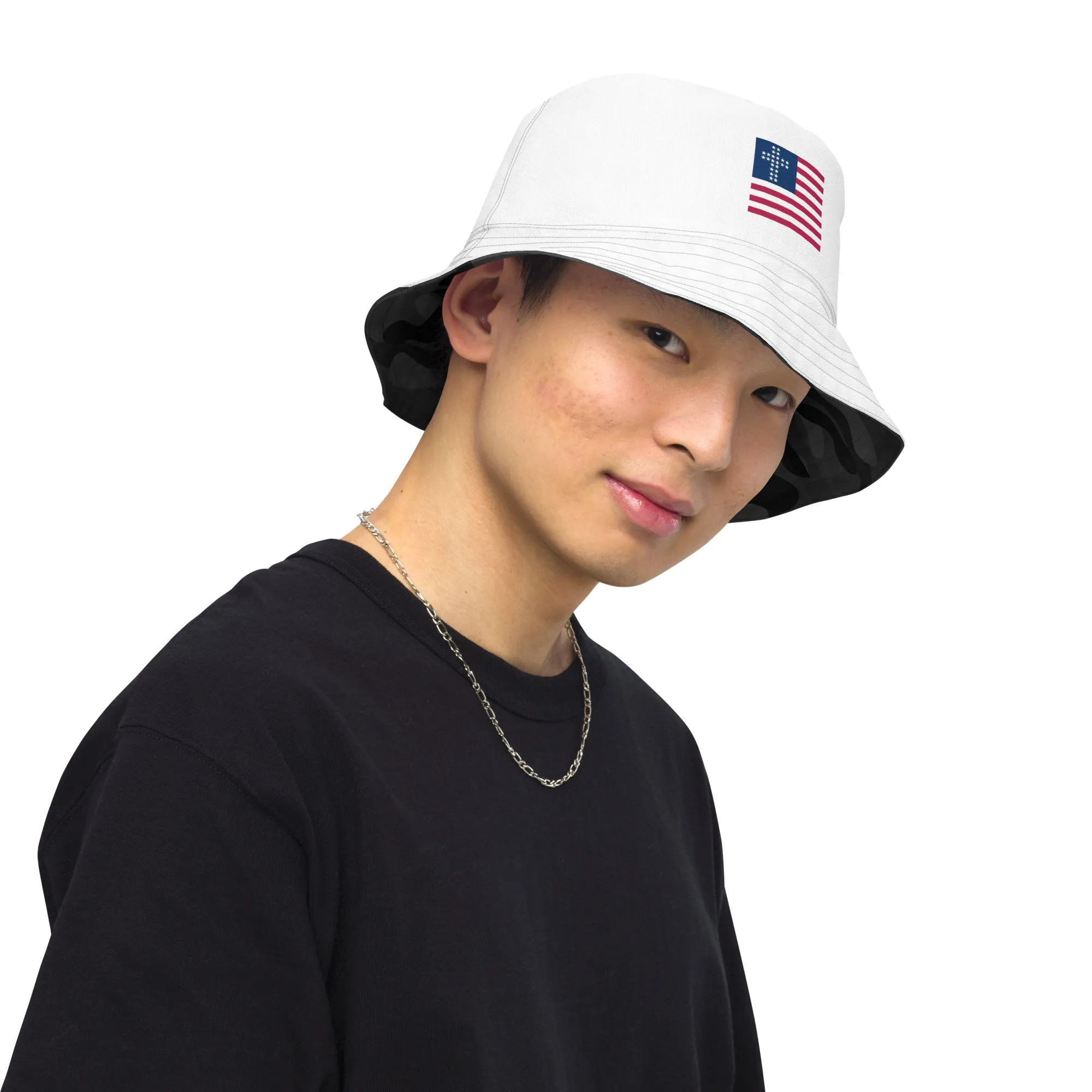 Cross & Stripes, Reversible Bucket Hat, White, Black Camo, 2.0, Christian Bucket Hat, Patriotic Bucket Hats, USA Bucket Caps