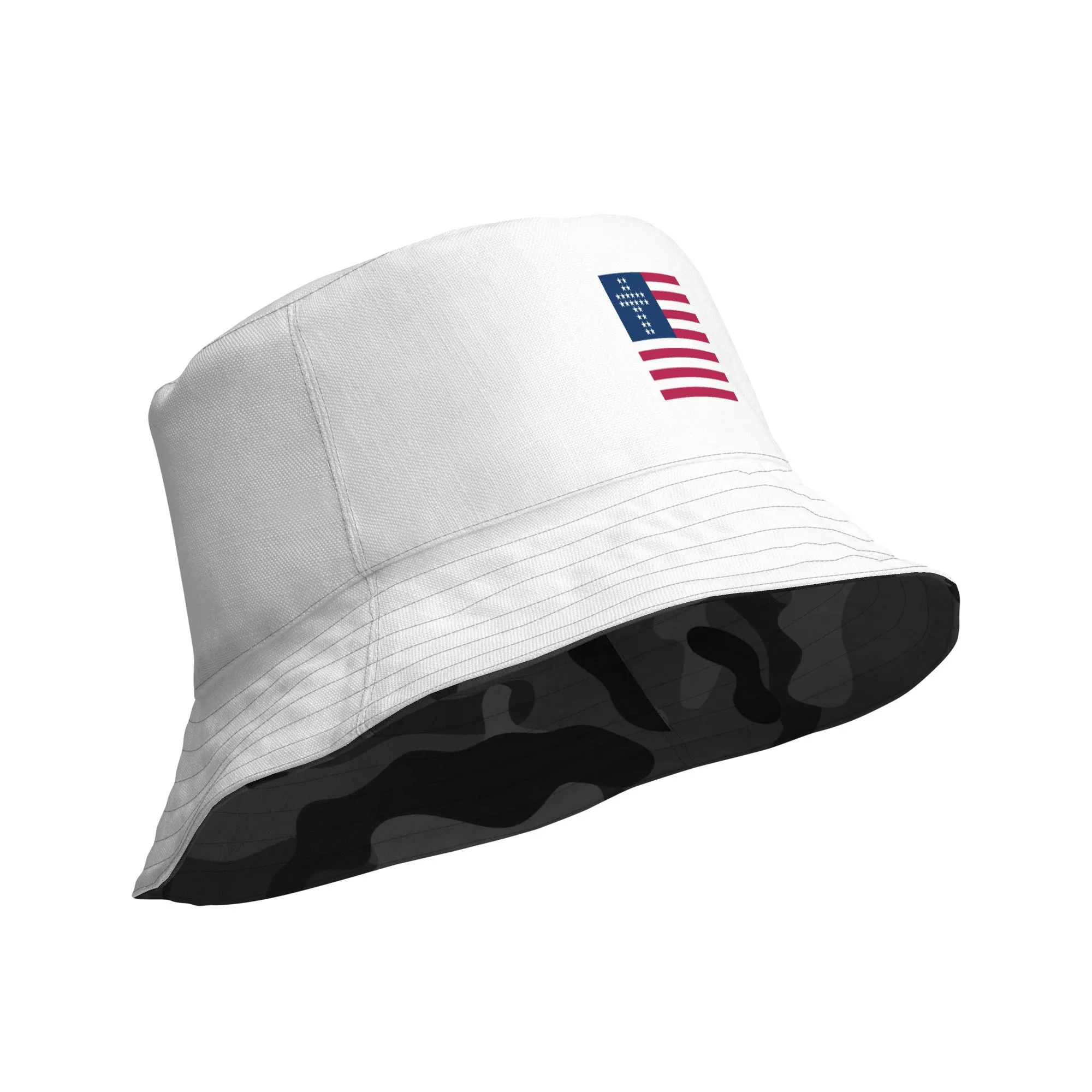 Cross & Stripes, Reversible Bucket Hat, White, Black Camo, 2.0, Christian Bucket Hat, Patriotic Bucket Hats, USA Bucket Caps