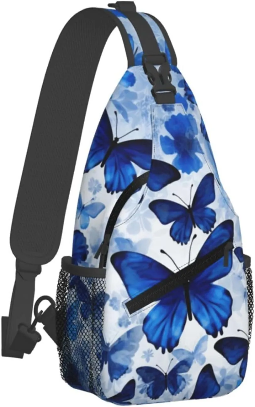 Cross Chest Bag Diagonally Sling Backpack Crossbody Shoulder Bag Blue Butterflies Sling Bag Travel Hiking Daypack