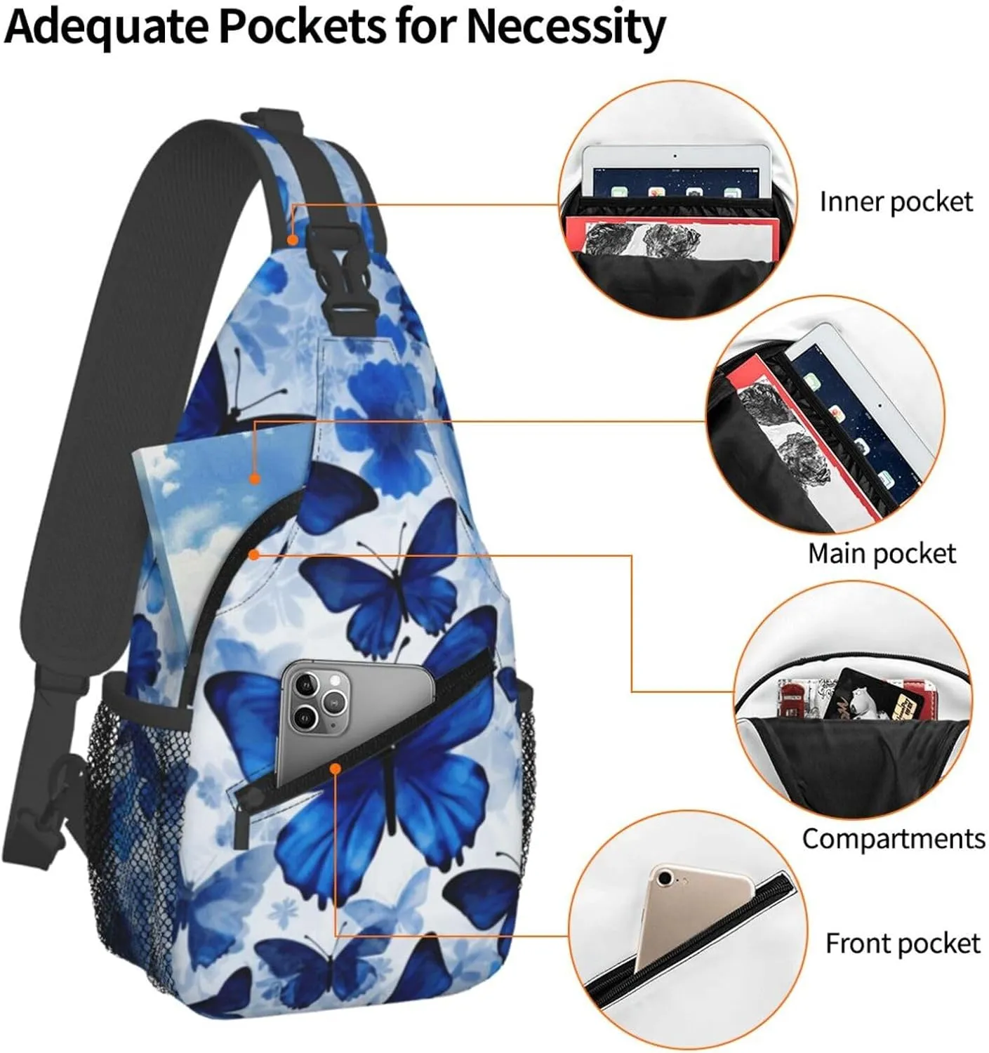 Cross Chest Bag Diagonally Sling Backpack Crossbody Shoulder Bag Blue Butterflies Sling Bag Travel Hiking Daypack