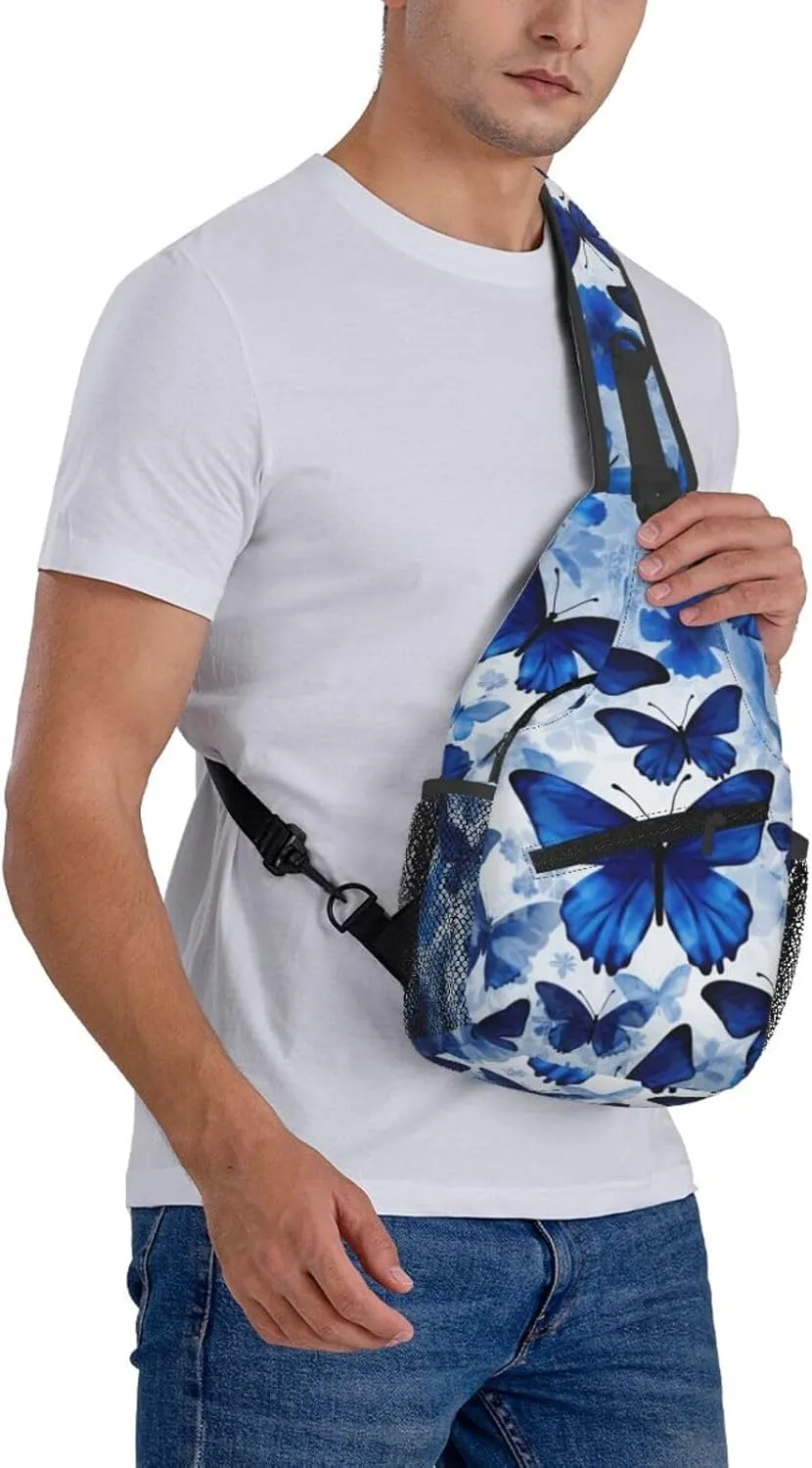 Cross Chest Bag Diagonally Sling Backpack Crossbody Shoulder Bag Blue Butterflies Sling Bag Travel Hiking Daypack