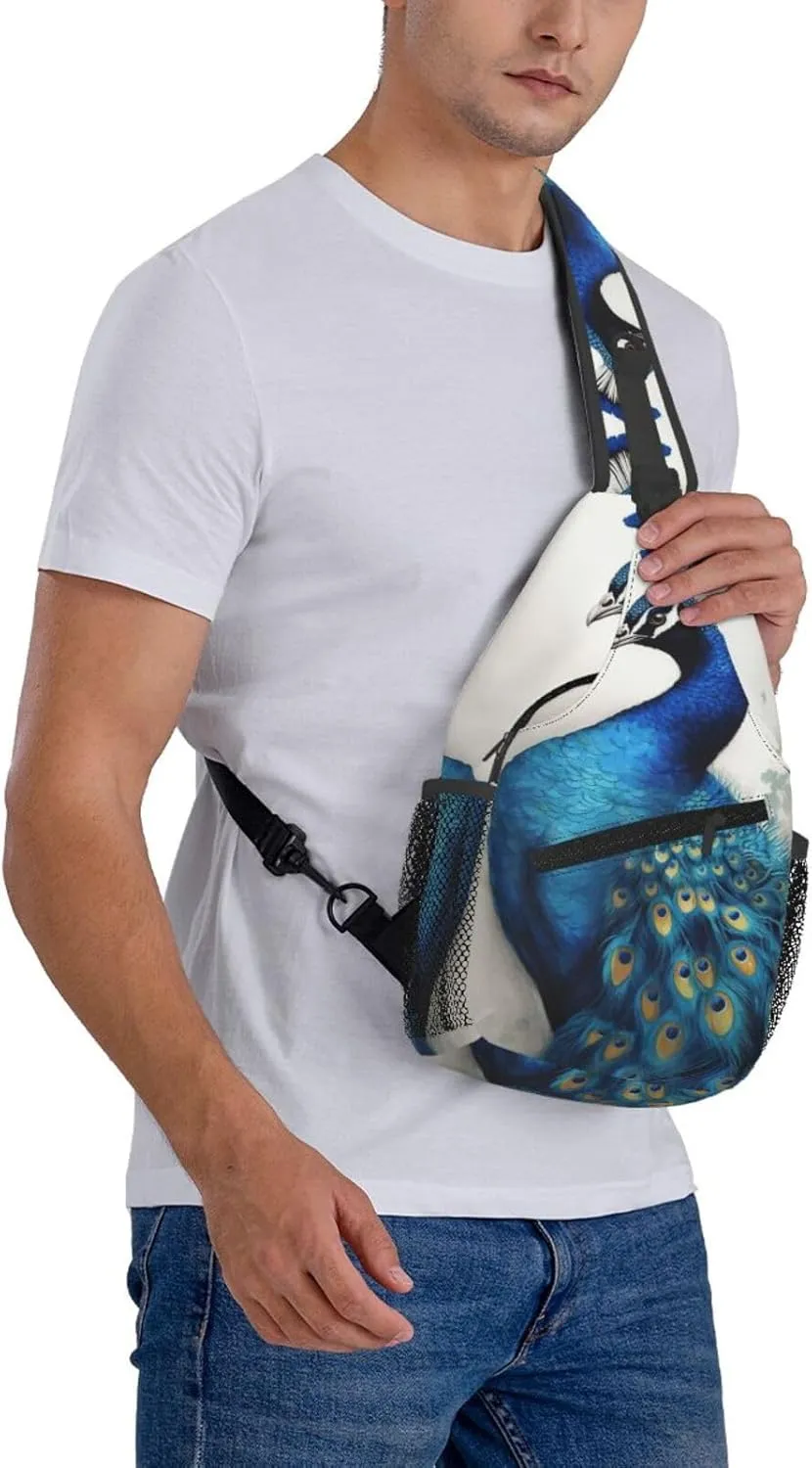 Cross Chest Bag Diagonally Sling Backpack Crossbody Shoulder Bag Blue Peacock Sling Bag Travel Hiking Daypack