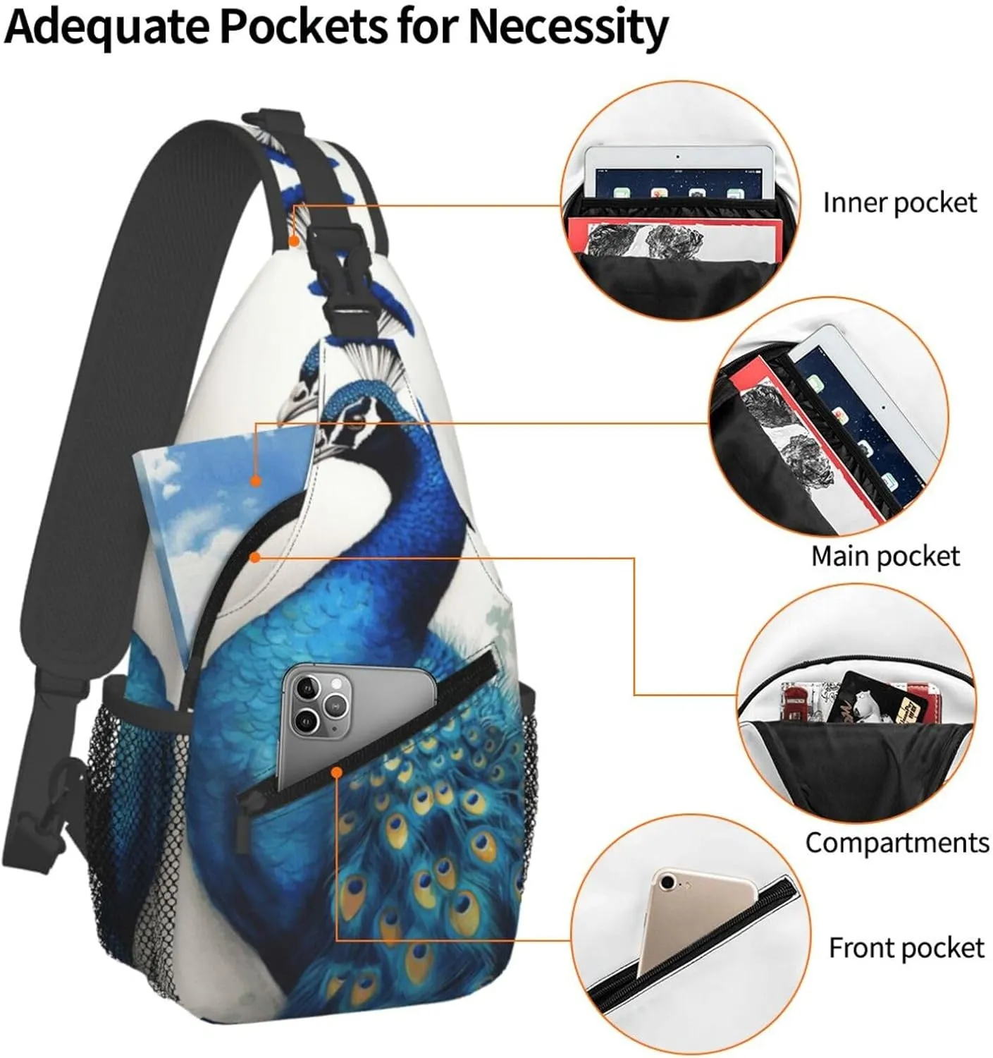 Cross Chest Bag Diagonally Sling Backpack Crossbody Shoulder Bag Blue Peacock Sling Bag Travel Hiking Daypack