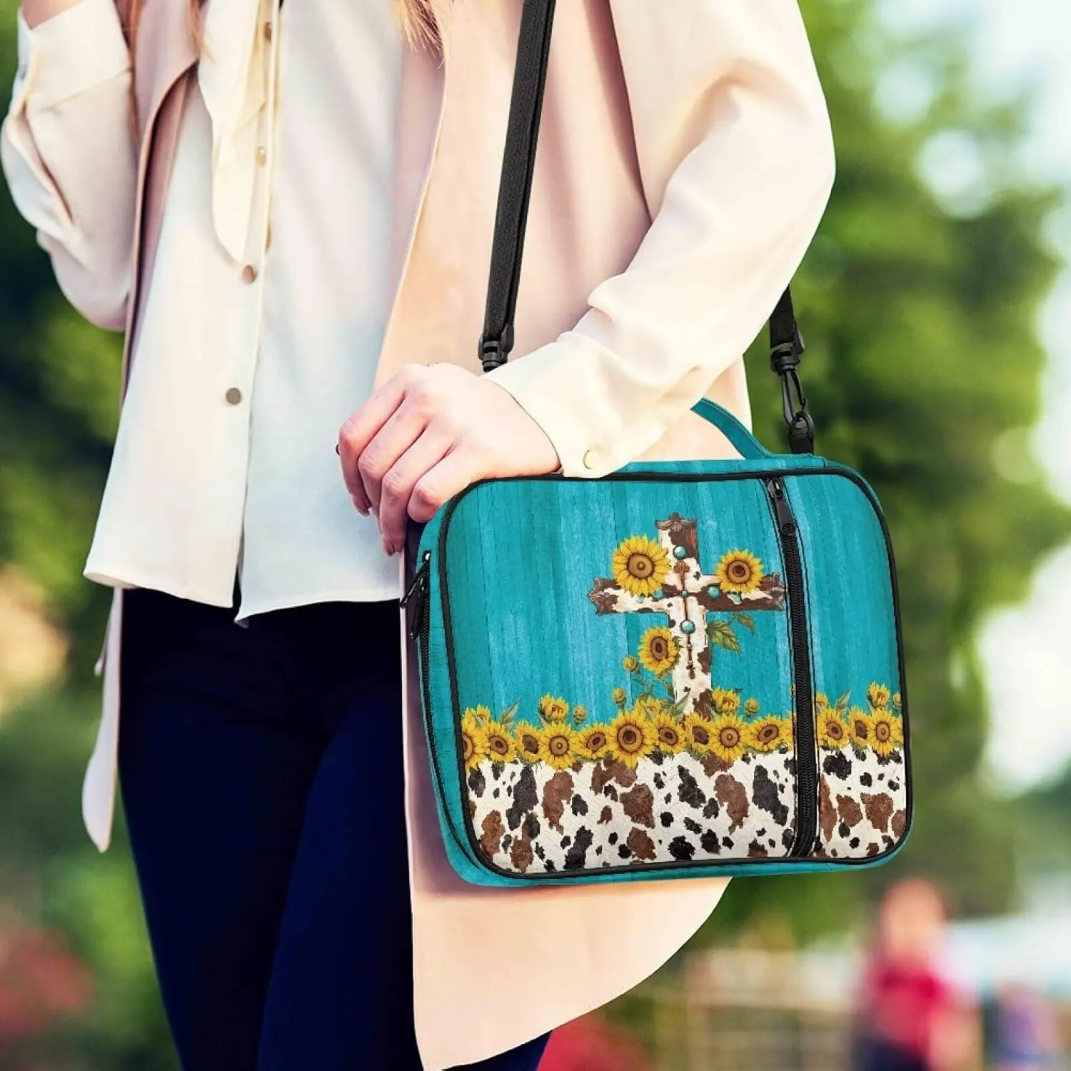 Cross Floral Print Bible Cover - Polyester Bible Case for Women - Bible Carrier Small Bible Cover with Shoulder Strap