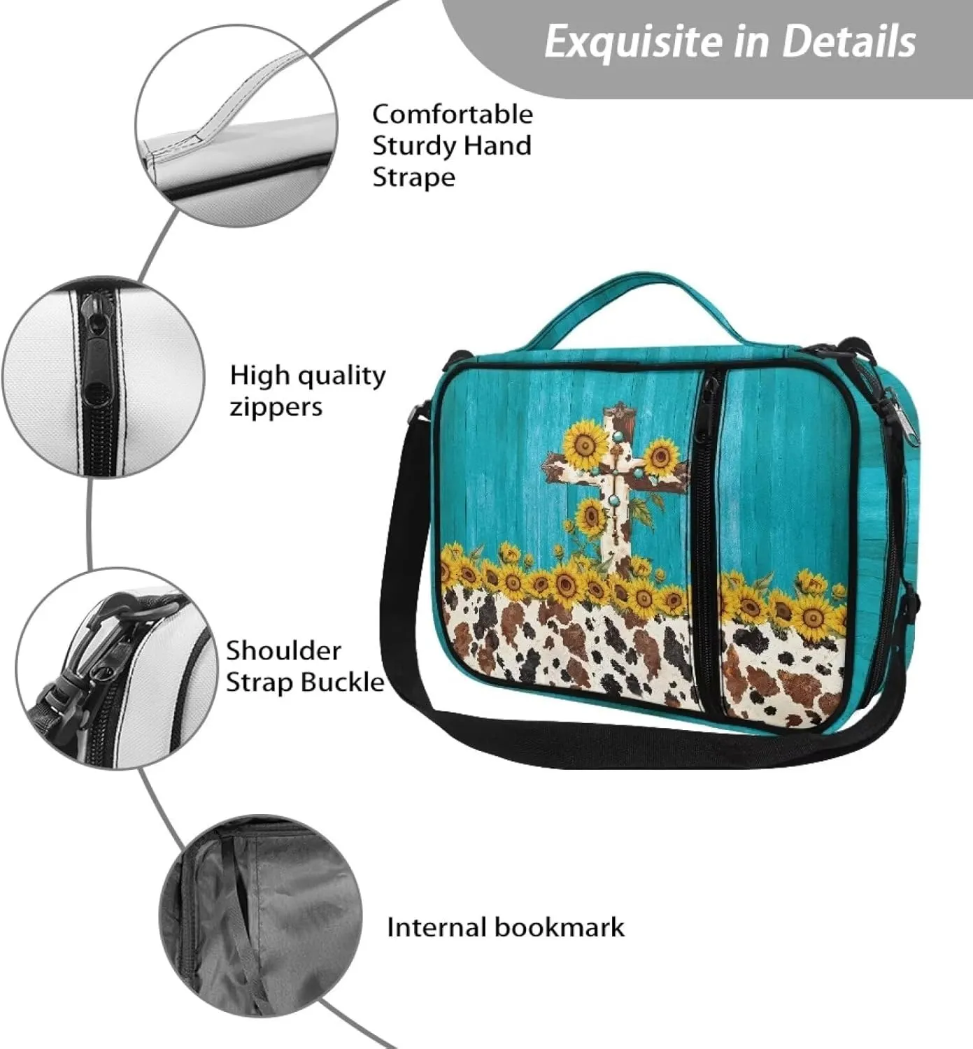 Cross Floral Print Bible Cover - Polyester Bible Case for Women - Bible Carrier Small Bible Cover with Shoulder Strap