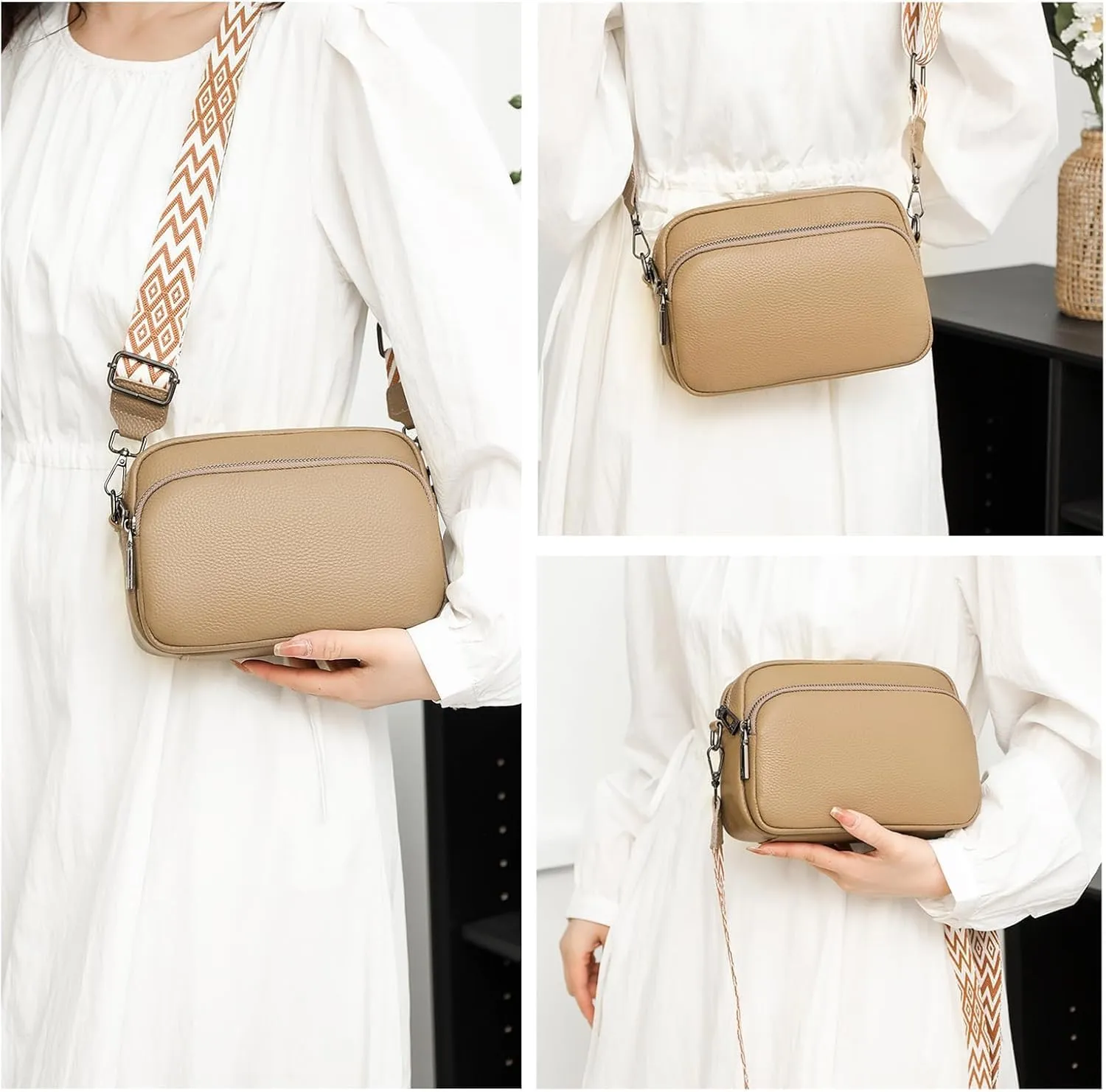 Crossbody Bags for Women, Trendy Leather Crossbody Camera Bag Purse with Guitar Strap Small Shoulder Handbag (Khaki)